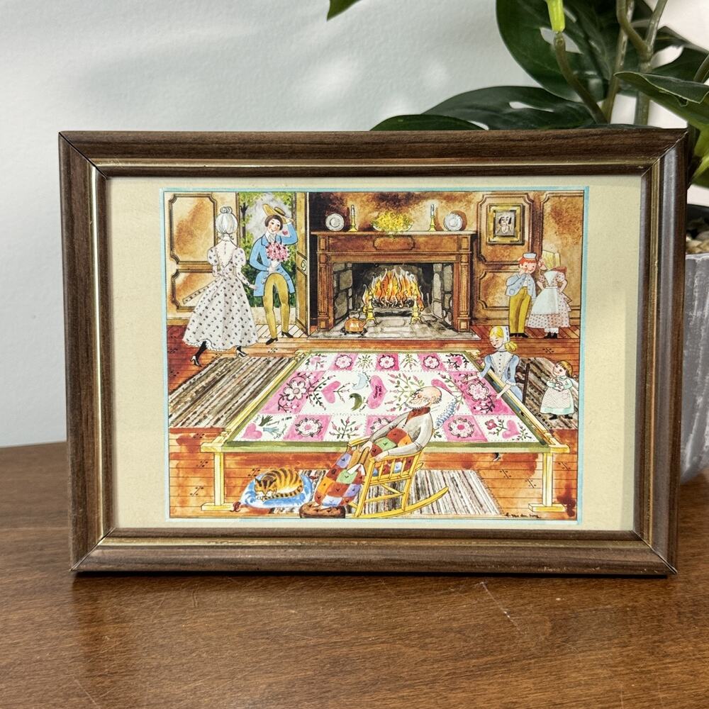 Vintage van den Berg Framed Art Print Domestic Scene Quilt & Fireplace